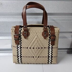 Handmade‎ Woven Straw Handbag Purse Top Handle Satchel Bag Beige Brown Medium MX